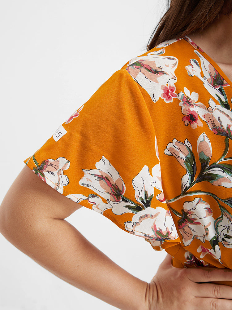 Floral Ruffle Belted Elastic Waist Blouse