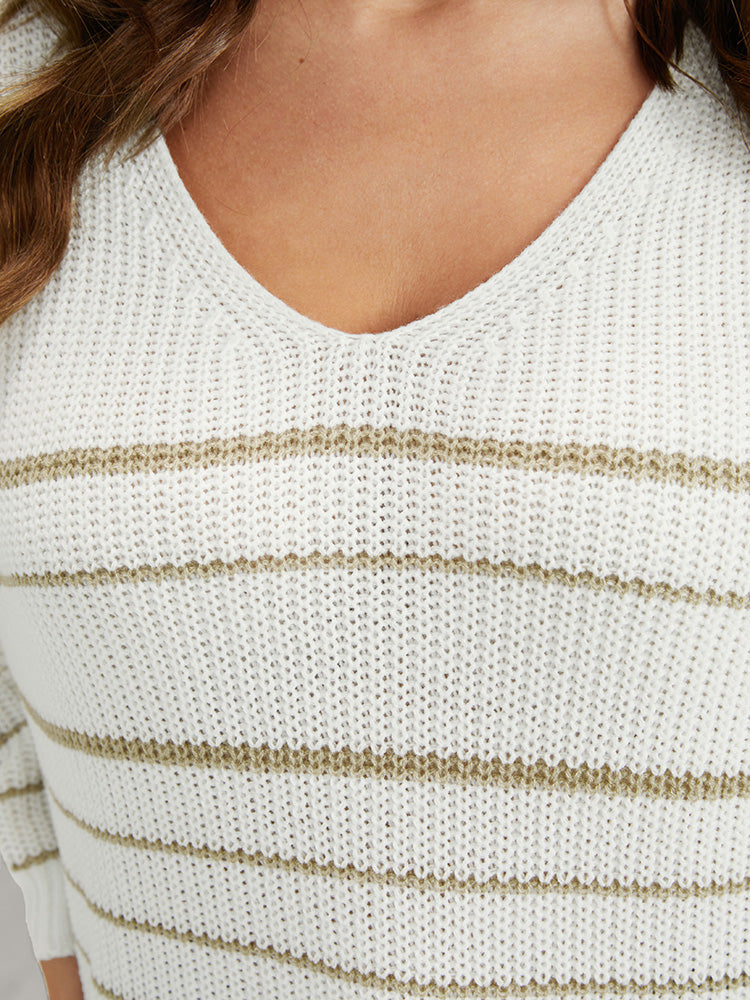 Striped Contrast Pointelle Knit Loose V Neck Knit Top