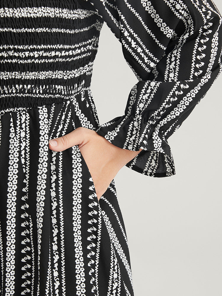 Striped Square Neck Lantern Sleeve Pocket Shirred Split Dress