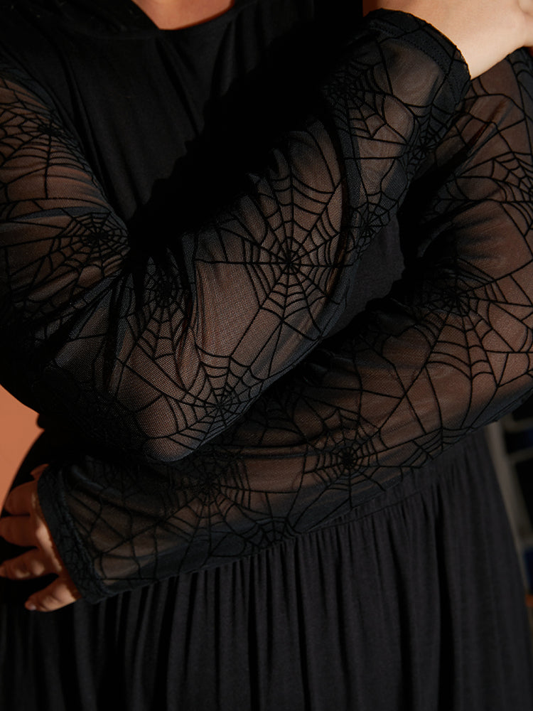 Halloween Spider Web Cut Out Mesh Arc Hem Hooded Dress