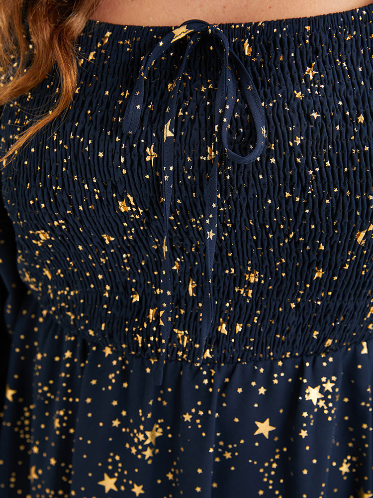 Star Lantern Sleeve Pocket Tie Square Neck Shirred Split Dress