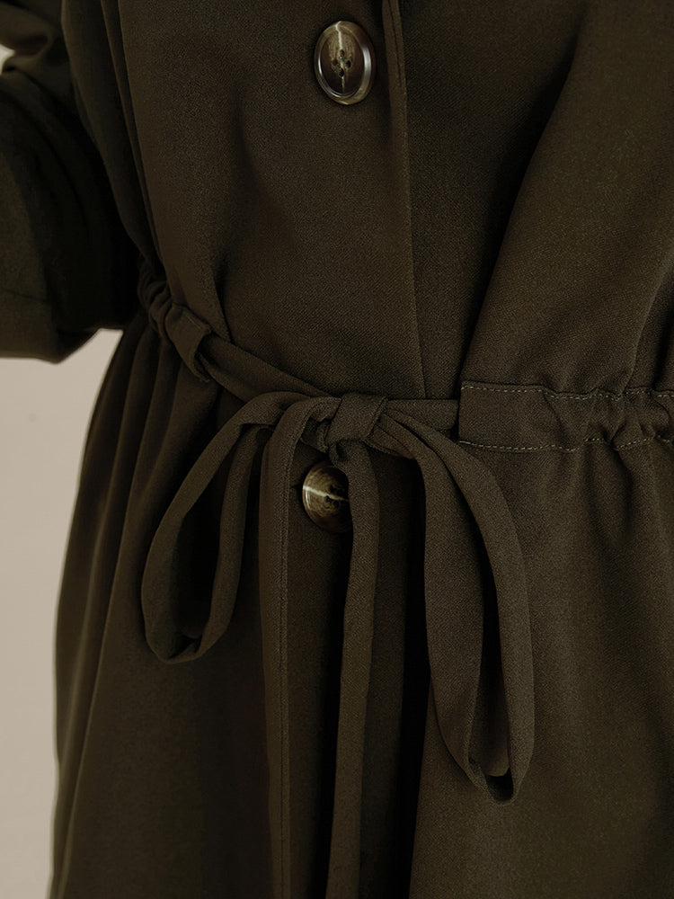 Solid Suit Collar Lantern Sleeve Button Up Drawstring Blouse