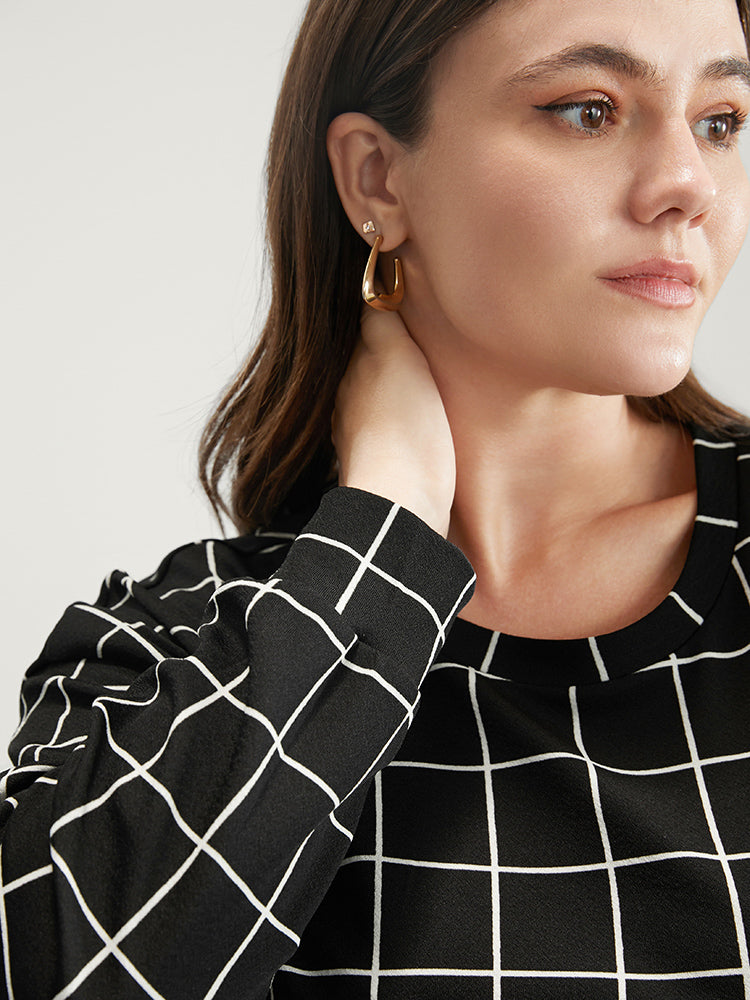 Gingham Round Neck Drop Shoulder Sweatshirt