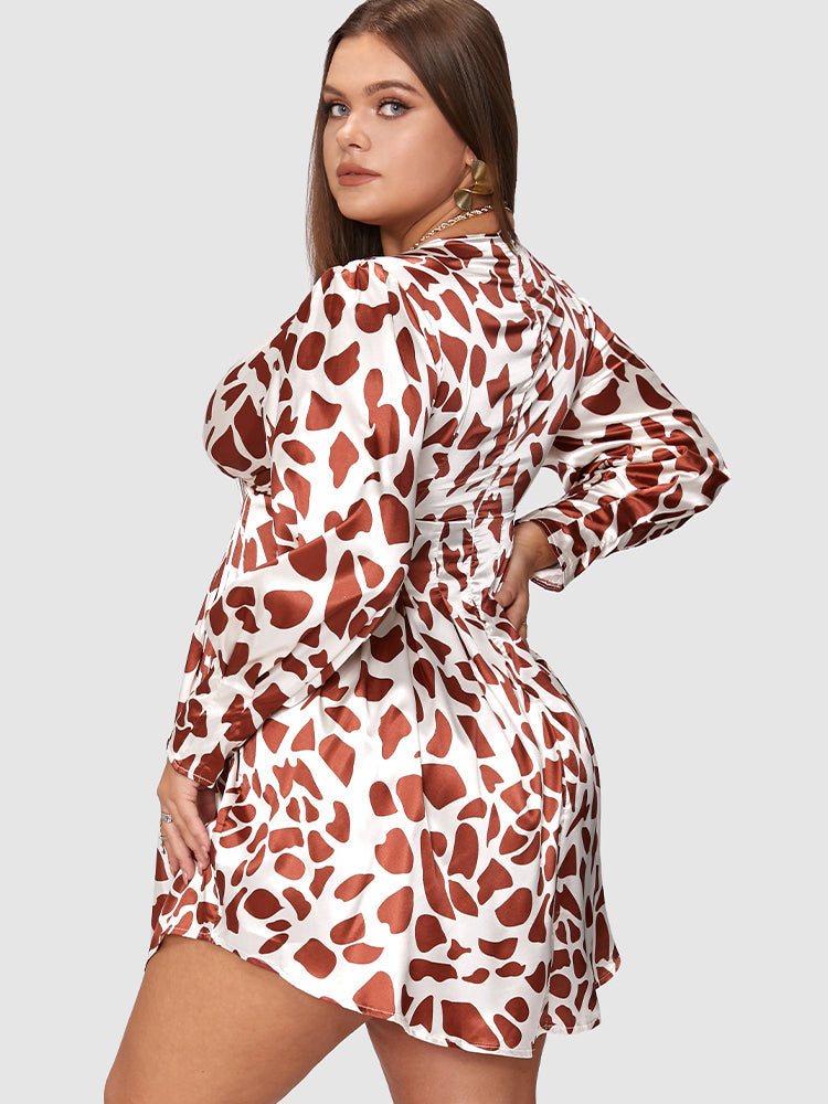 Graphic Print Satin Deep V Neck Dress