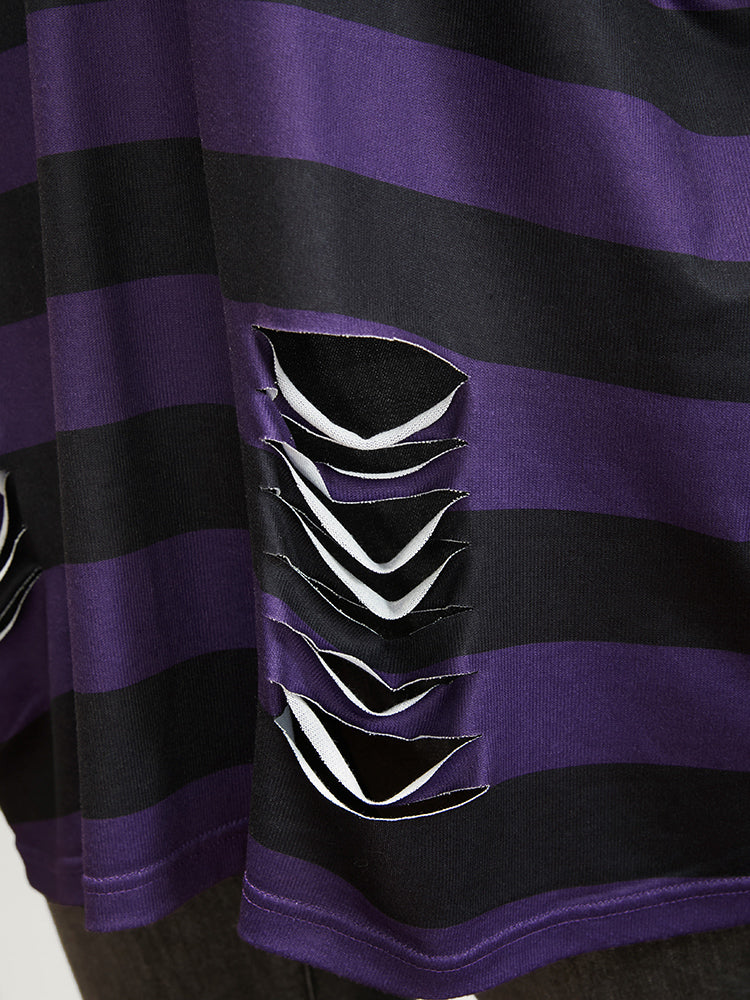 Halloween Striped V Neck Distressed Long Tee