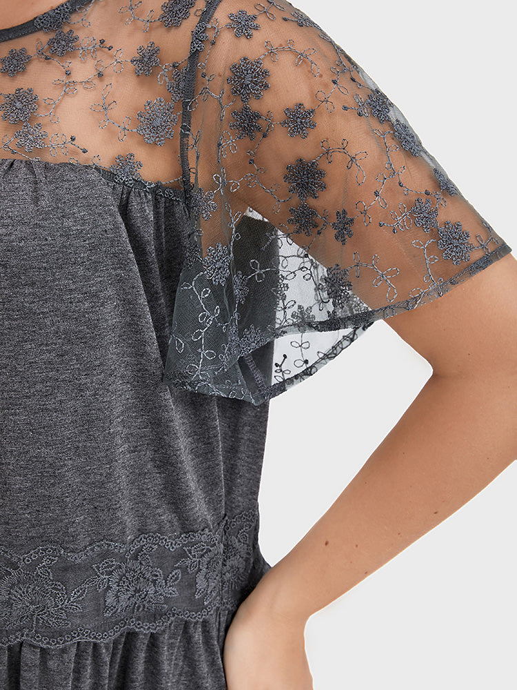 Solid Ruffles Lace Mesh Embroidered Round Neck T-shirt