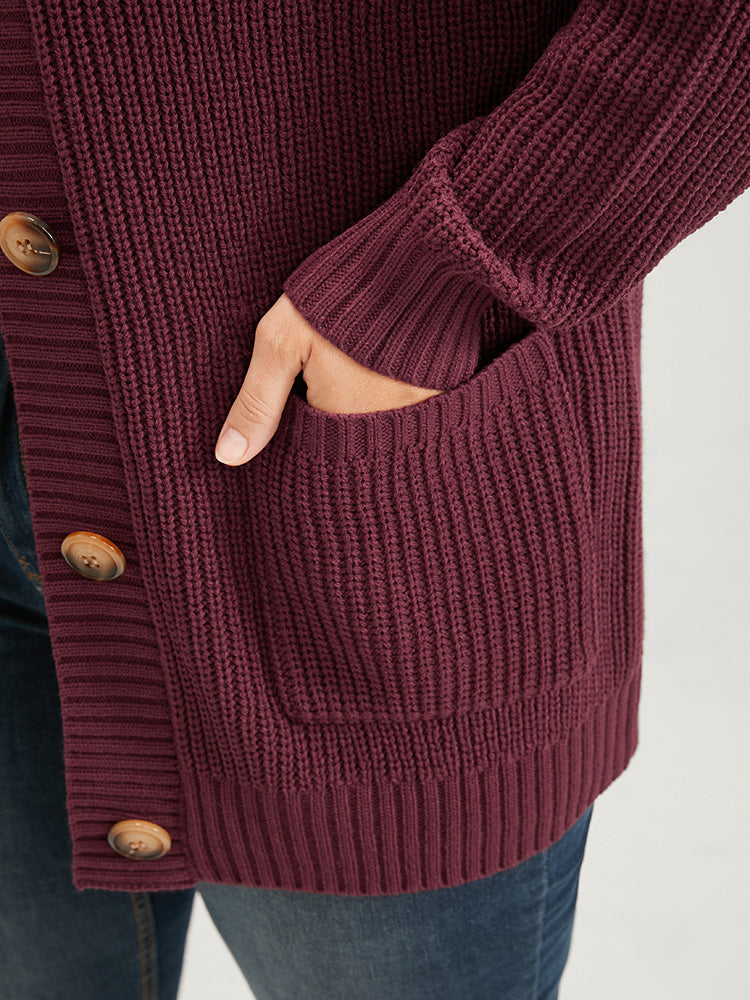 Plain Pointelle Knit Button Front Loose Cardigan