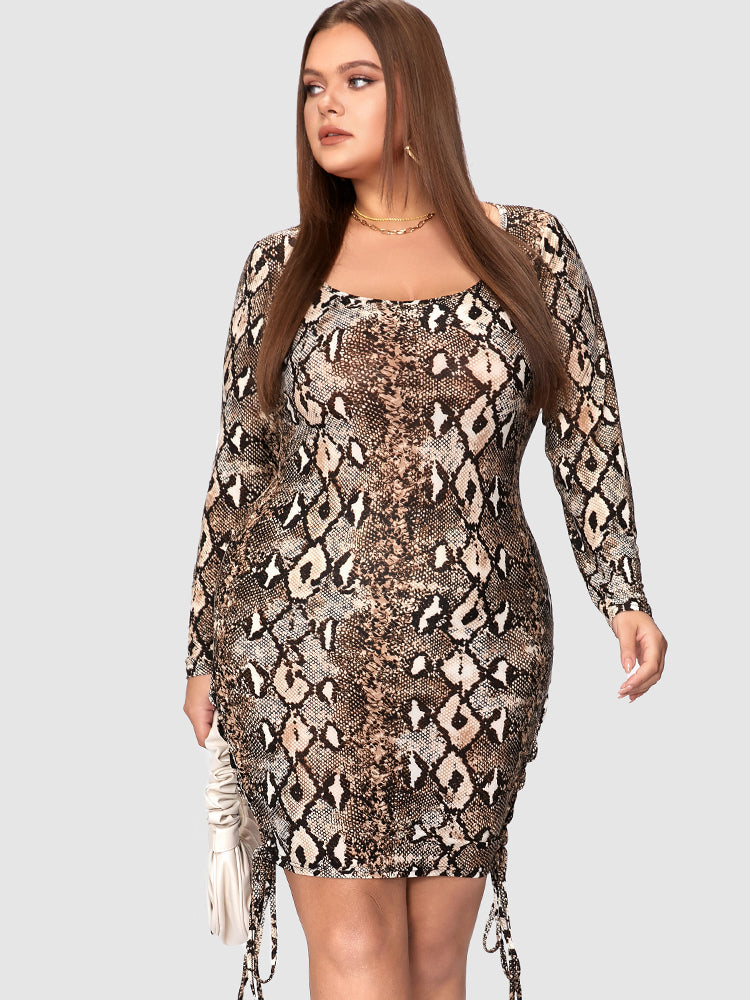 Snakeskin Print Side Drawstring Skinny Dress