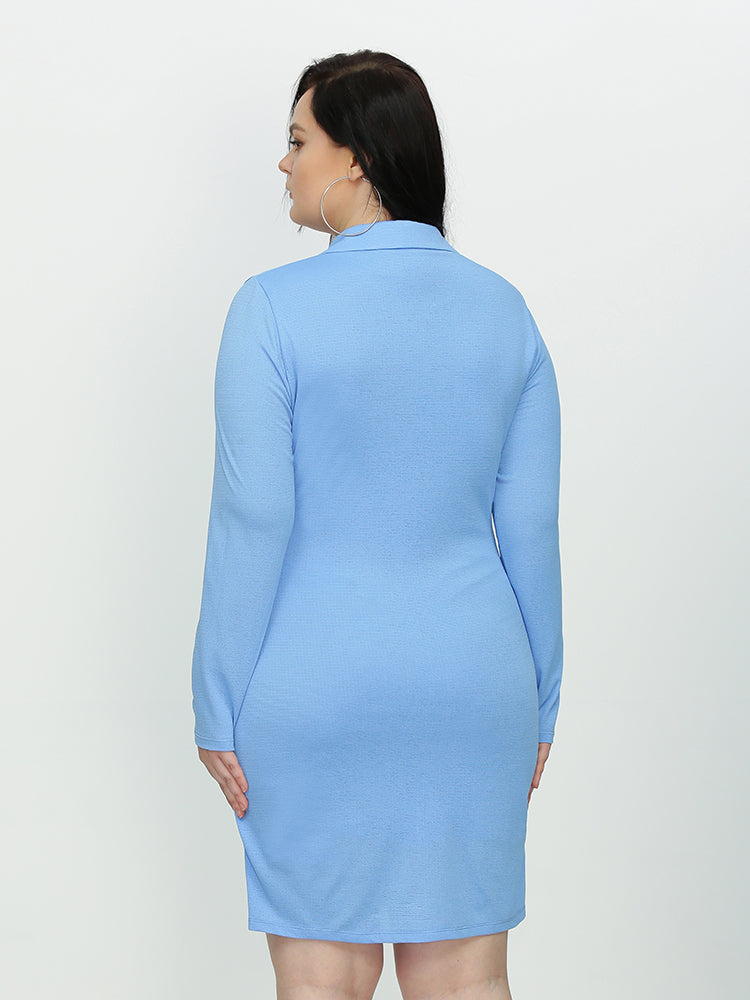 Lapel Pleated Solid Color Dress