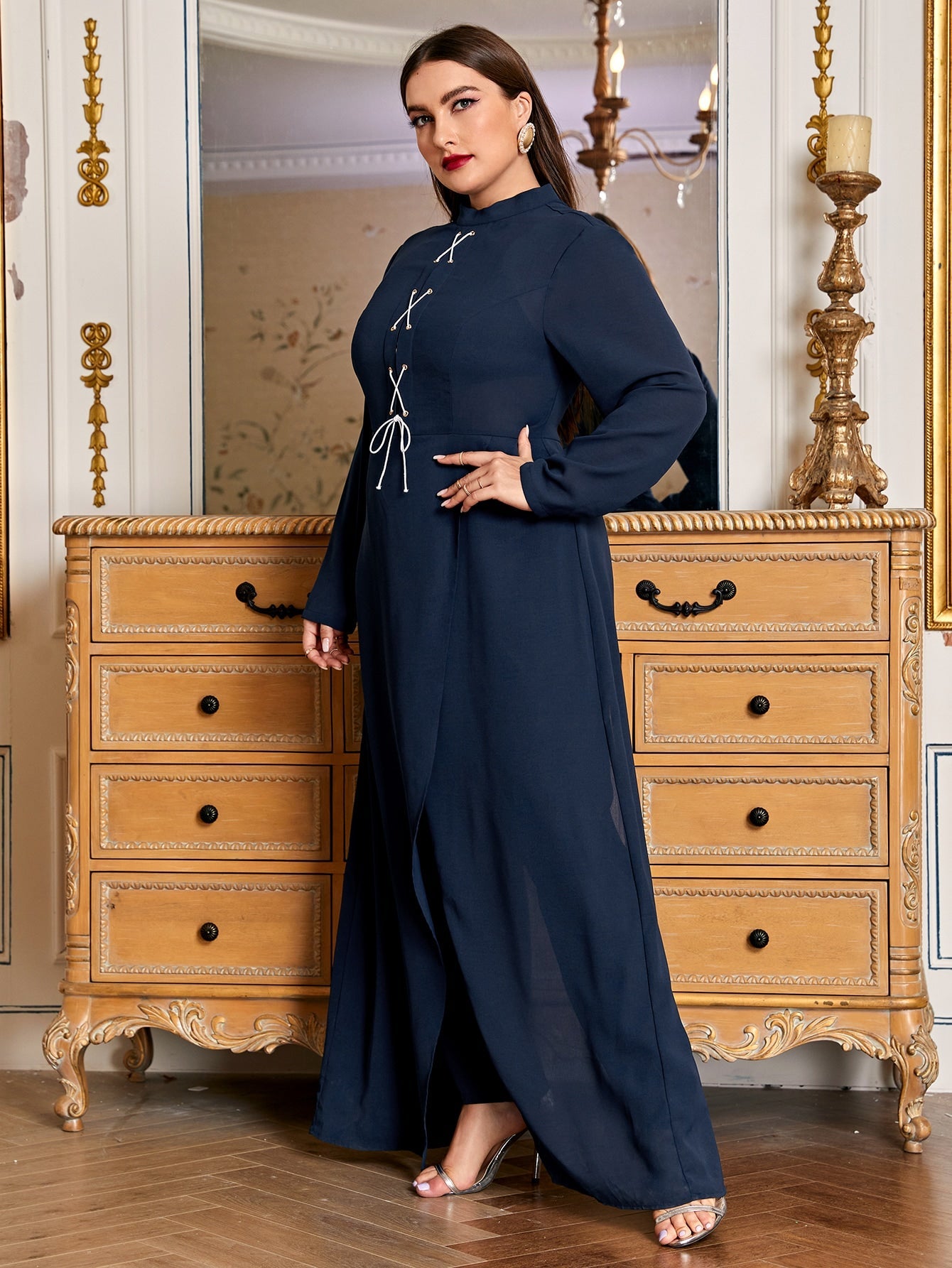 Mock Neck Lace Up Front Jumpsuit With Split Skirt