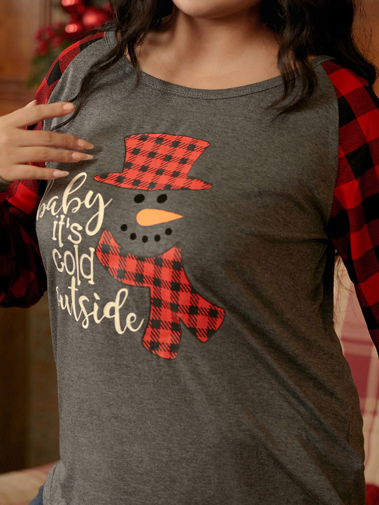 Christmas Letter Print Plaid Patched T-shirt