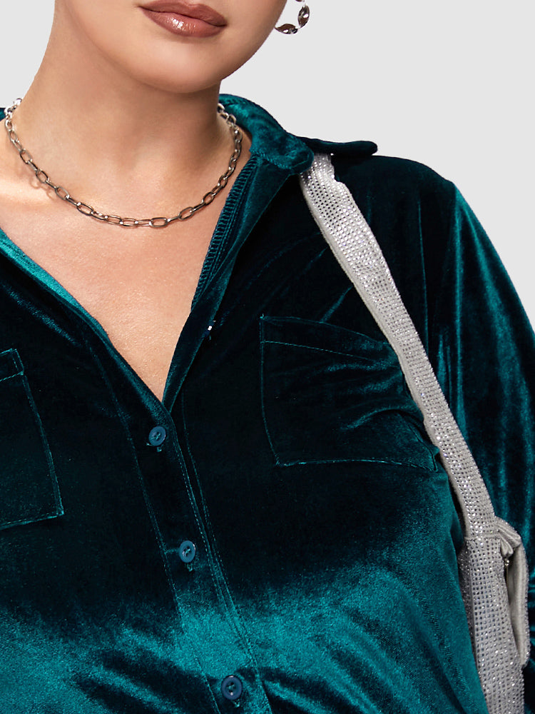 Plain Button Velvet Collared Shirt