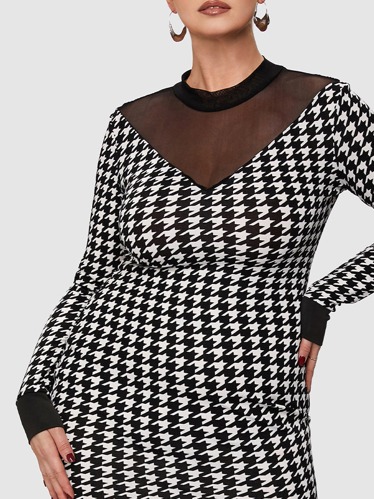 Houndstooth Contrast Mesh Bodycon Dress