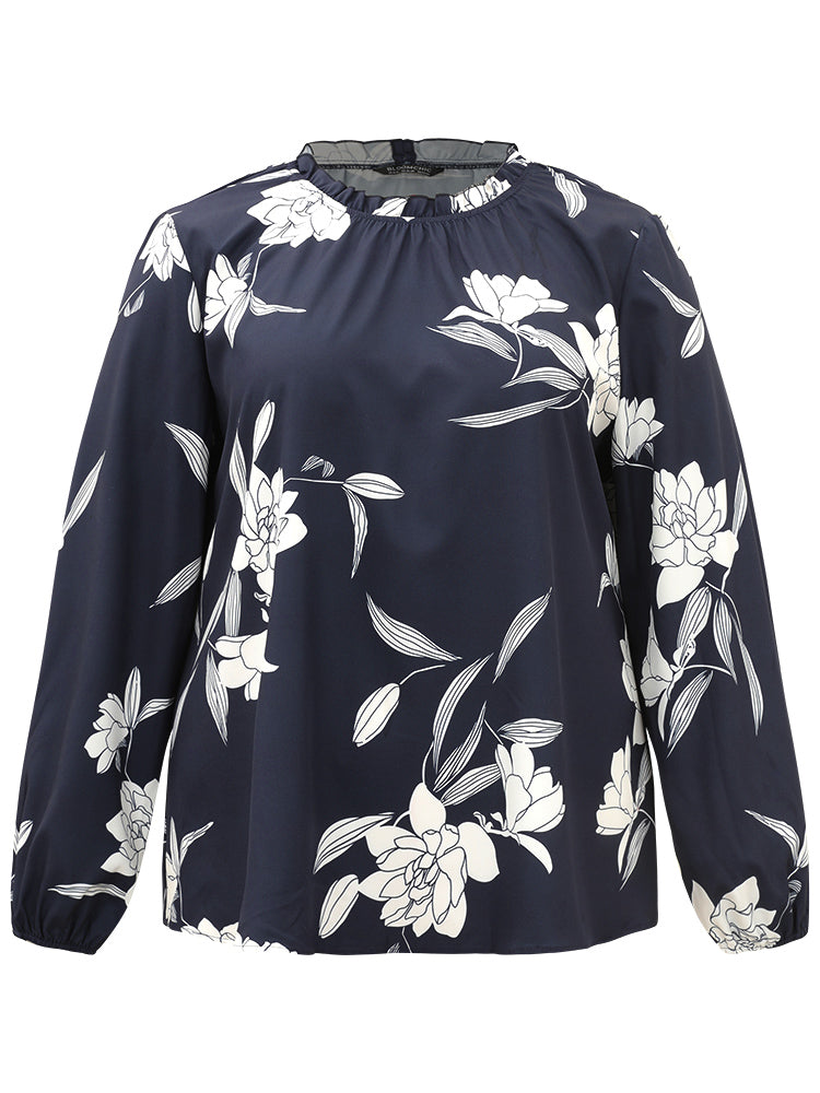 Silhouette Floral Print Frill Trim Pleated Blouse
