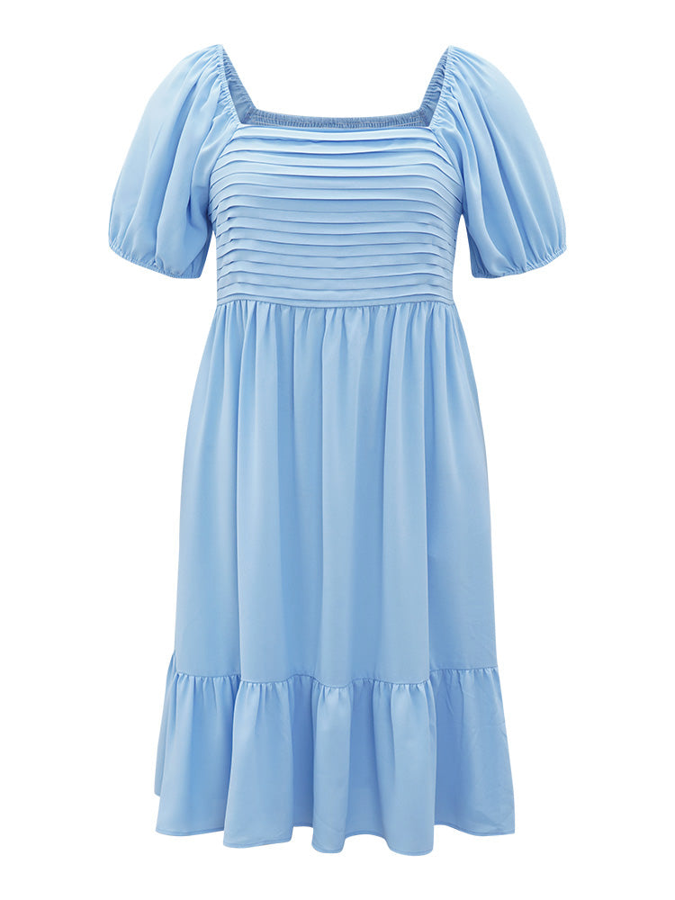 Square Neck Puff Sleeve Ruched Ruffle Hem Dress