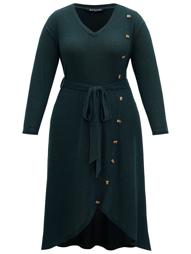 Rib Knit Button Detail Belted Wrap Hem Dress