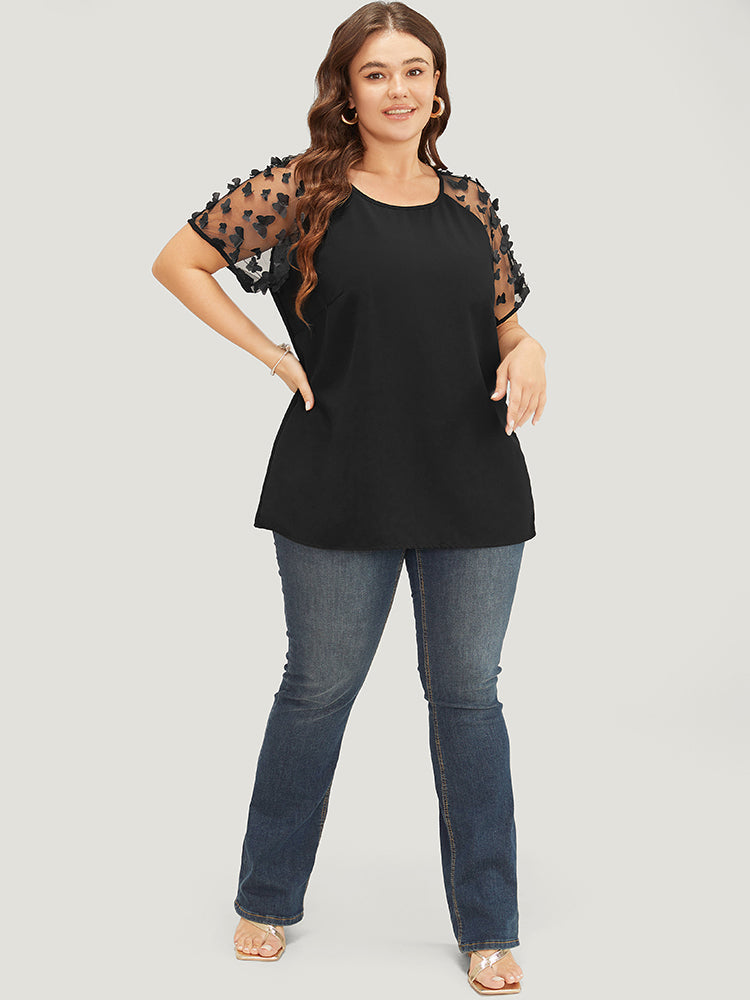 Plain Butterfly Appliques Mesh Raglan Sleeve Blouse