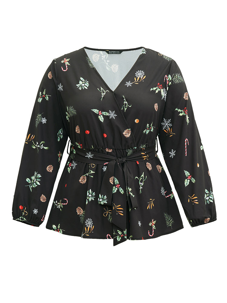 Christmas Elastic Waist Belted Wrap Blouse