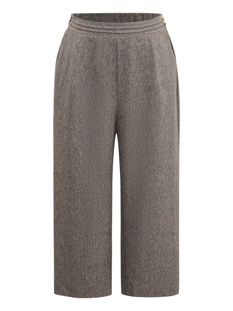 Heather Button Detail Straight Leg Pleated Pants