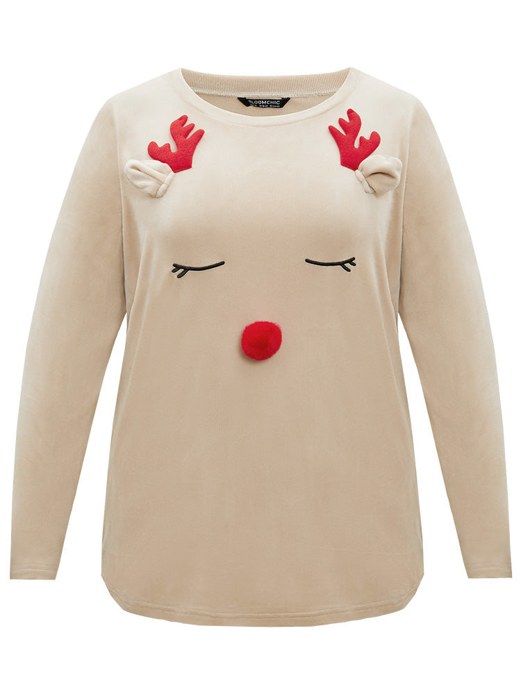 Christmas Elk Fluffy Ball Round Neck Sleep Top