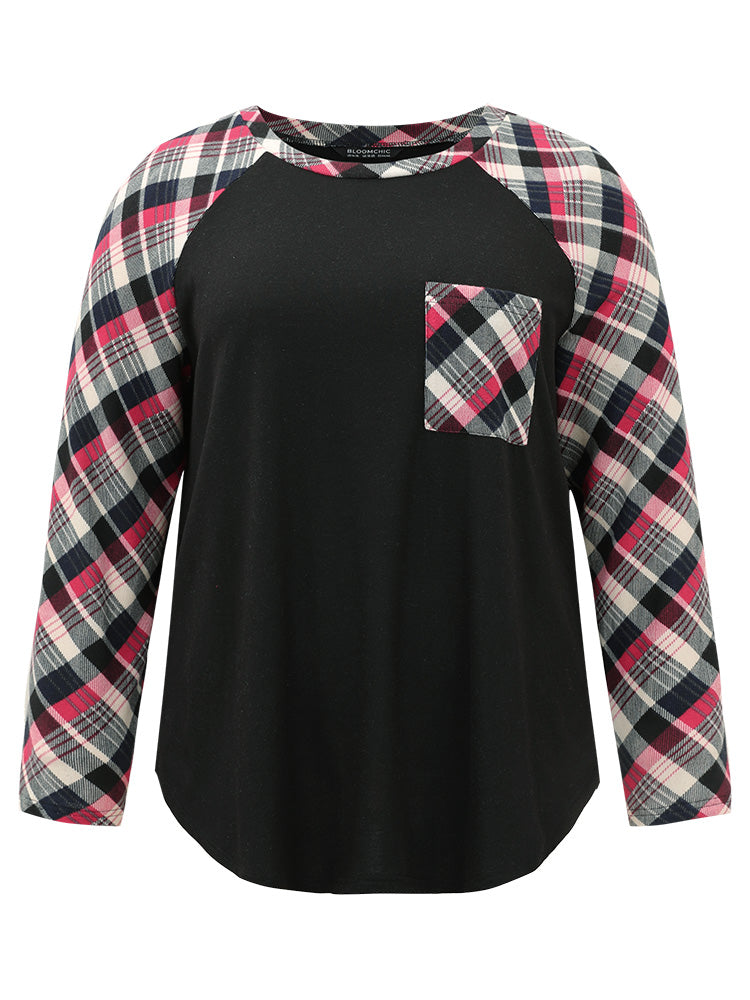 Plaid Patched Pocket Raglan Sleeve T-shirt