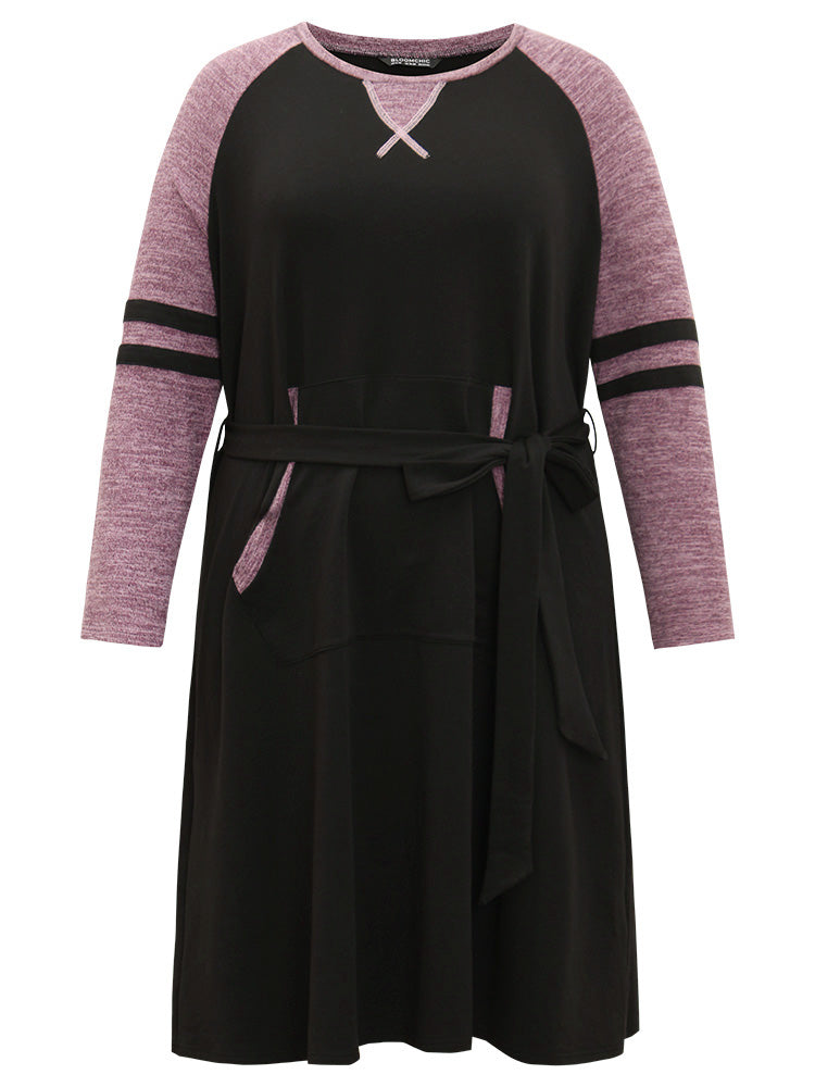 Stitch Pocket Striped Patchwork Raglan Sleeve Belted Dress