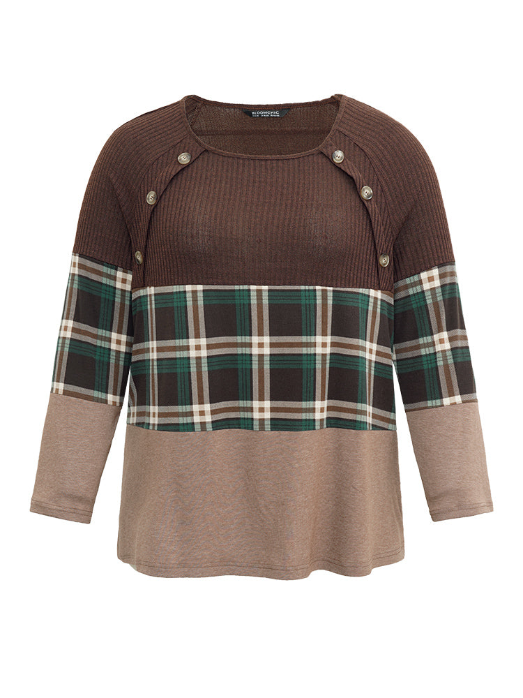 Colorblock Plaid Patchwork Button Detail T-shirt