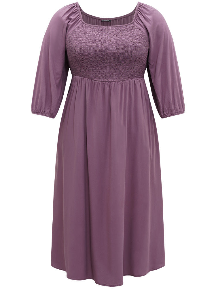 Plain Shirred Square Neck Elastic Cuffs Dress