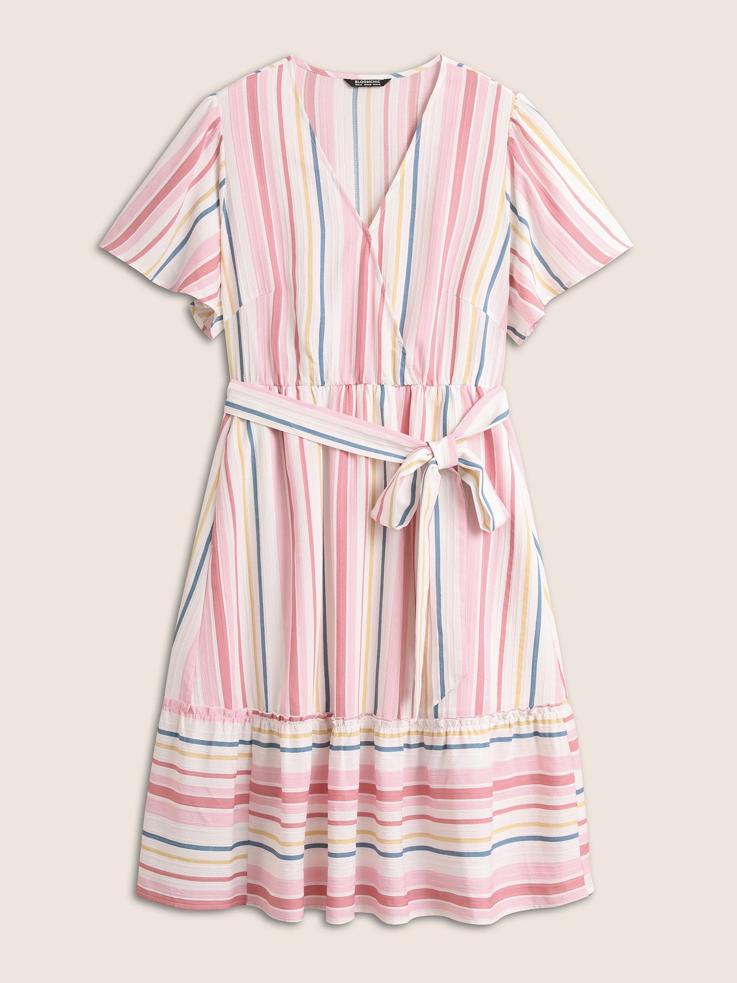 Striped Wrap Patchwork Belted Frill Trim Dress