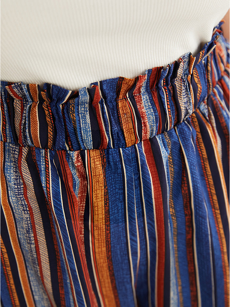 Striped Contrast Pocket Paperbag Waist Fringe Hem Shorts