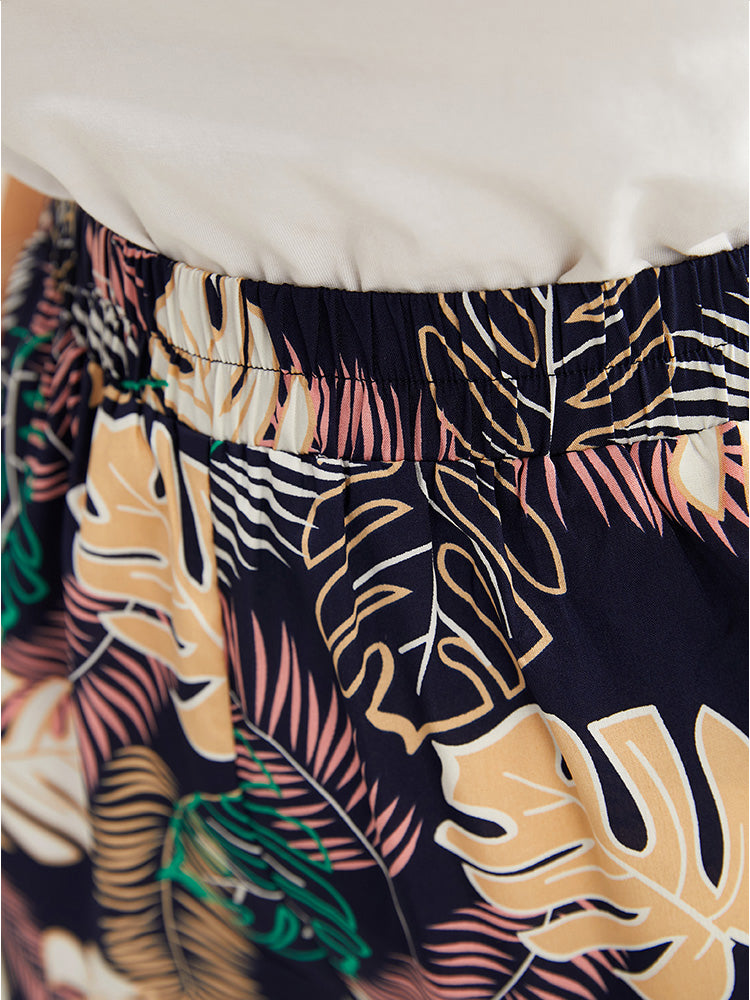 Tropical Print Pocket Elastic Waist Pants