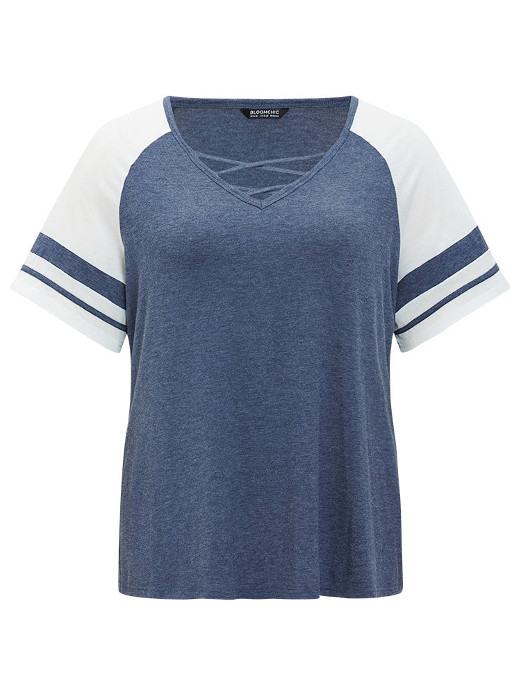 Color Block Contrast Crisscross V Neck Raglan Sleeve T-shirt