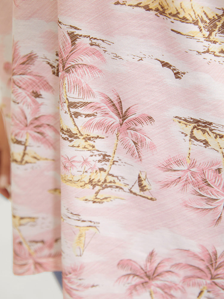 Coconut Tree Print Gathered Twist Sleeve T-shirt