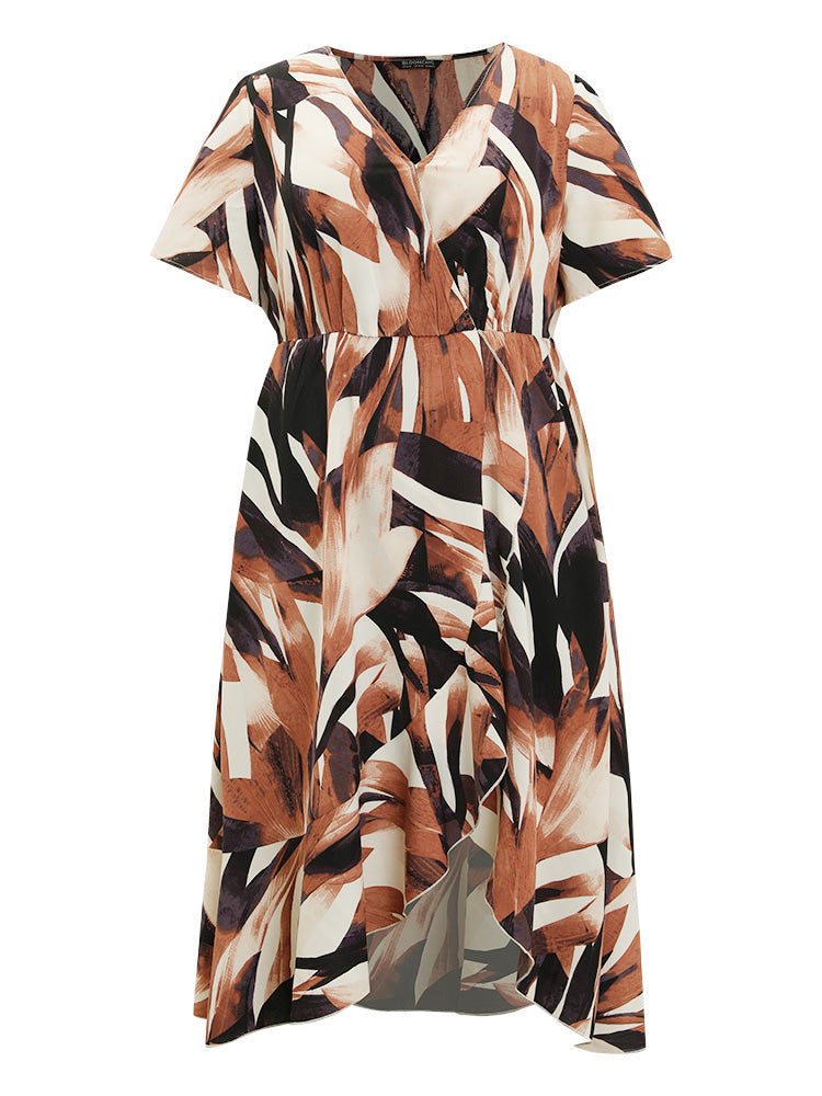 Allover Print Pocket Wrap Ruffle Irregular Hem Dress