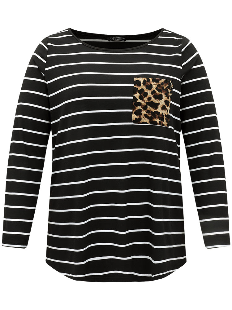 Leopard Striped Patchwork Contrast Pocket T-shirt