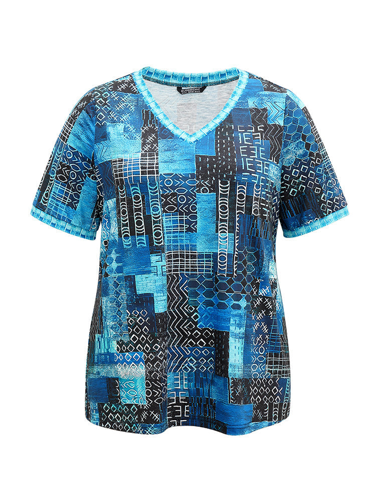Geometric Print V Neck T-shirt