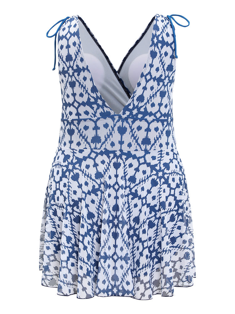 Moroccan Print Knot Detail Ruffle Hem Wrap Swim Dress