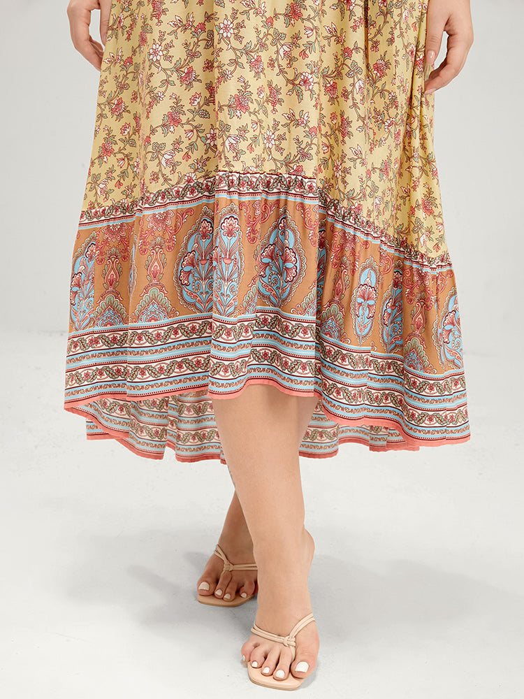 Floral Surplice Neck Ruffles Pocket High Low Hem Dress