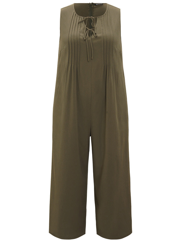 Plain Knot Neck Pocket Plicated Detail Tank Jumpsuit