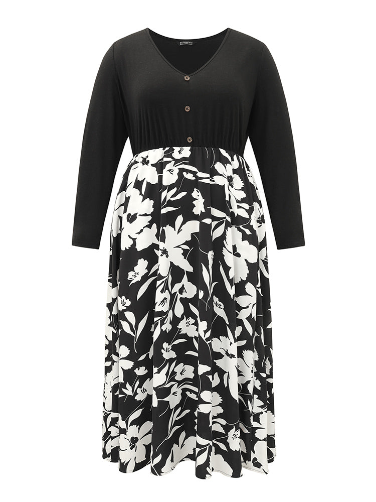 Silhouette Floral Print Patchwork Button Detail Dress