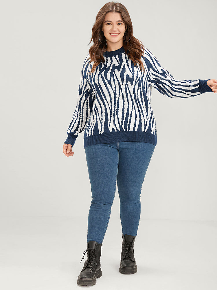 Zebra Print Pointelle Knit Raglan Sleeve Jacquard Knit Top