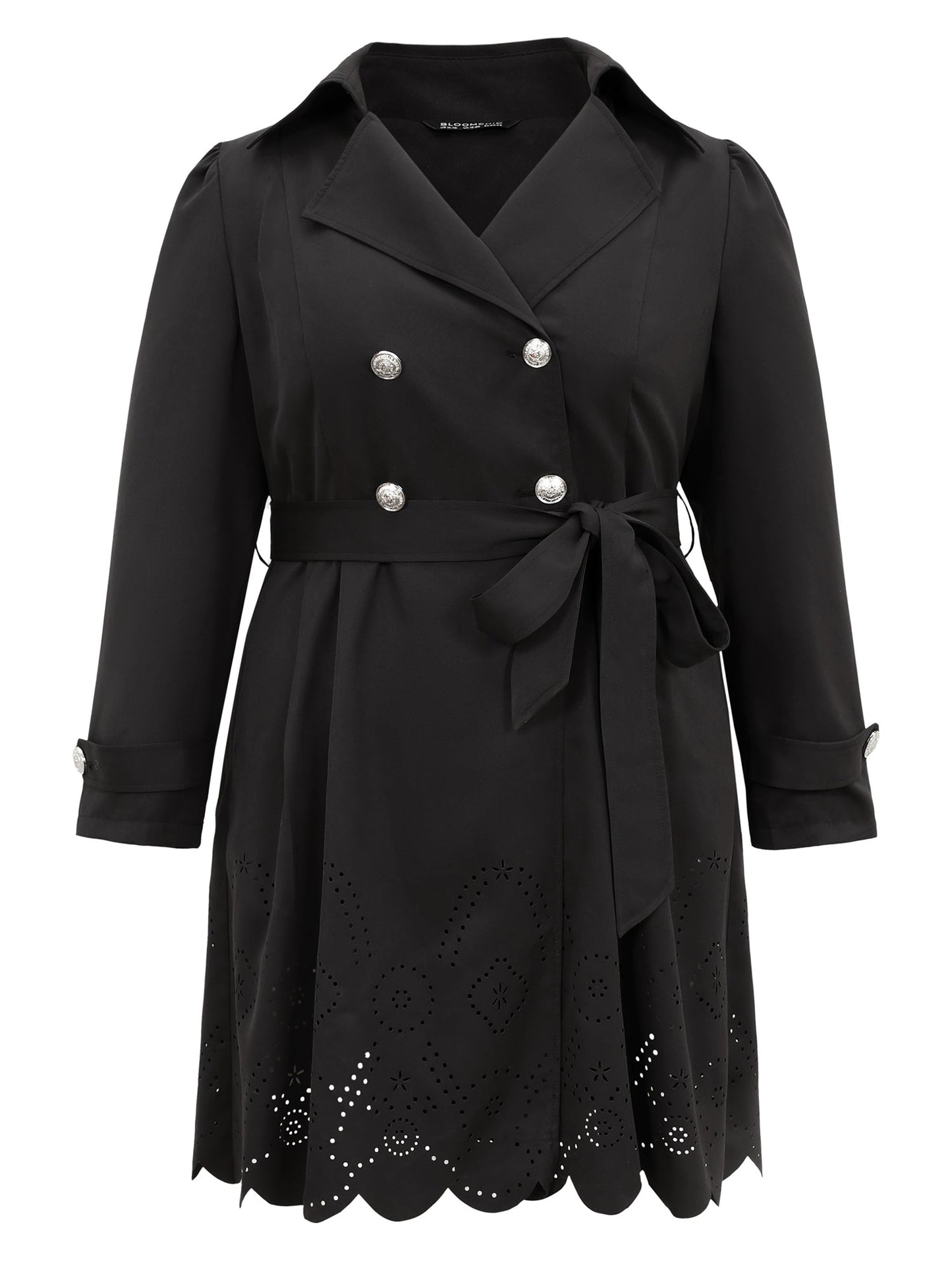 Plain Double Breasted Belted Laser Cut Coat