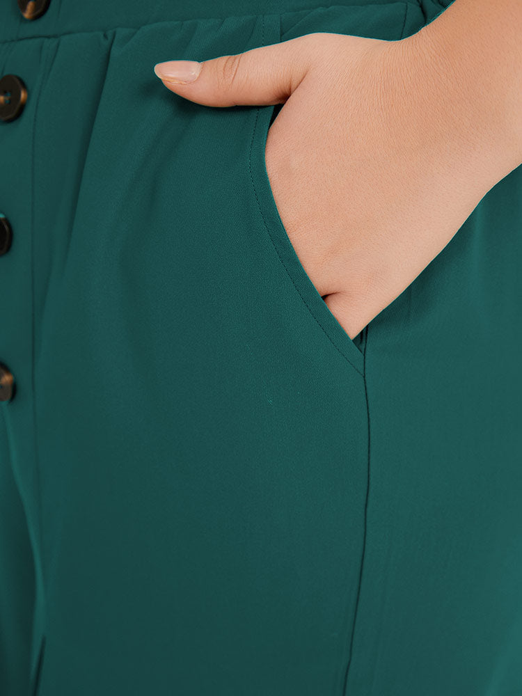 Solid Pleated Button Detail Straight Leg Pants