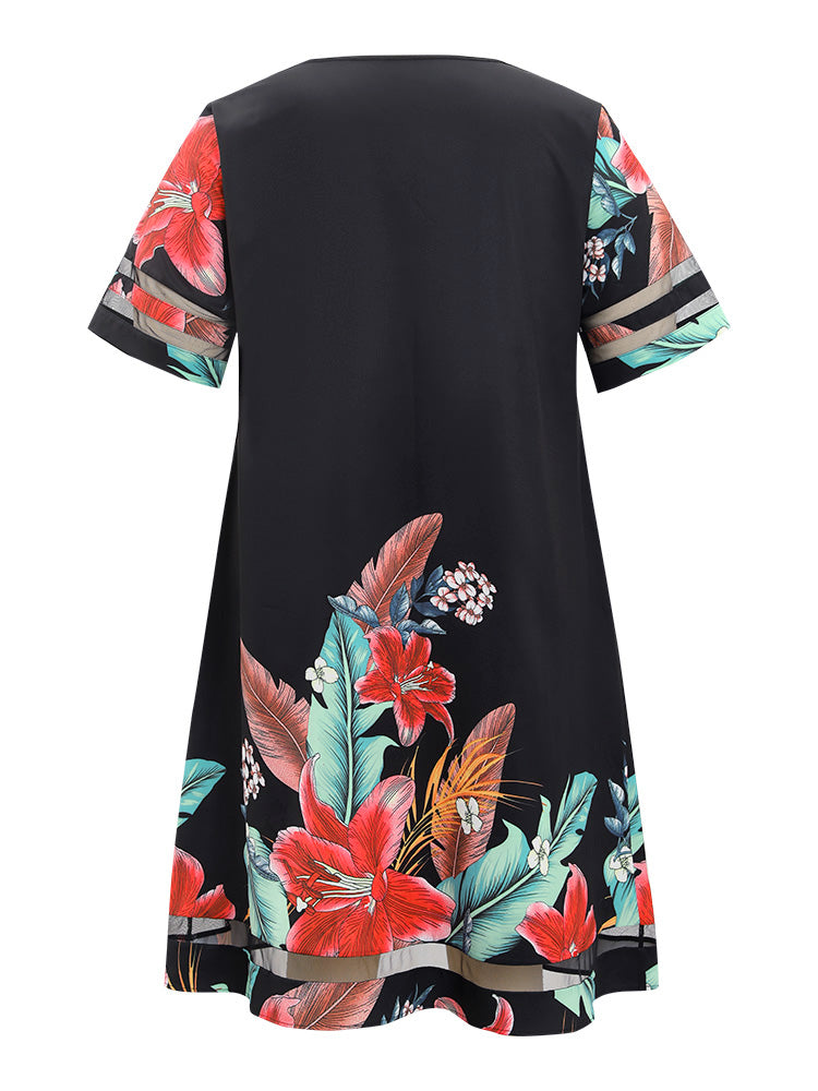 Floral Mesh Insert V Neck Pocket Ruffles Dress