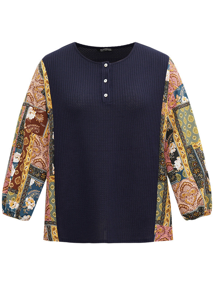Boho Print Button Up Patchwork Lantern Sleeve Sweatshirt