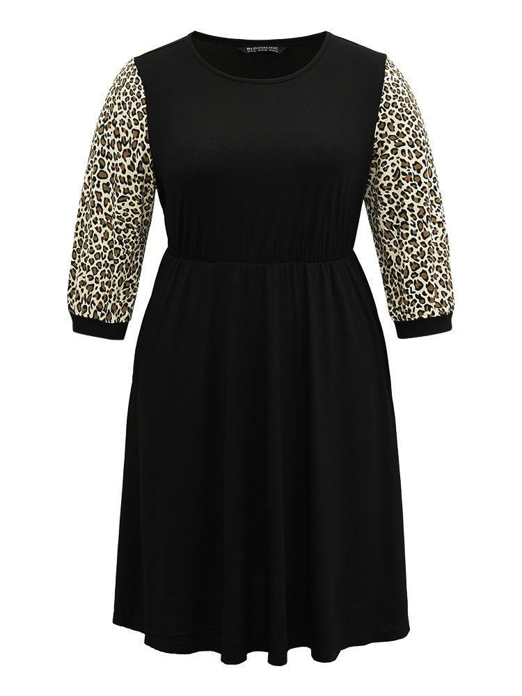 Leopard Patchwork Pocket Elastic Waist Dress