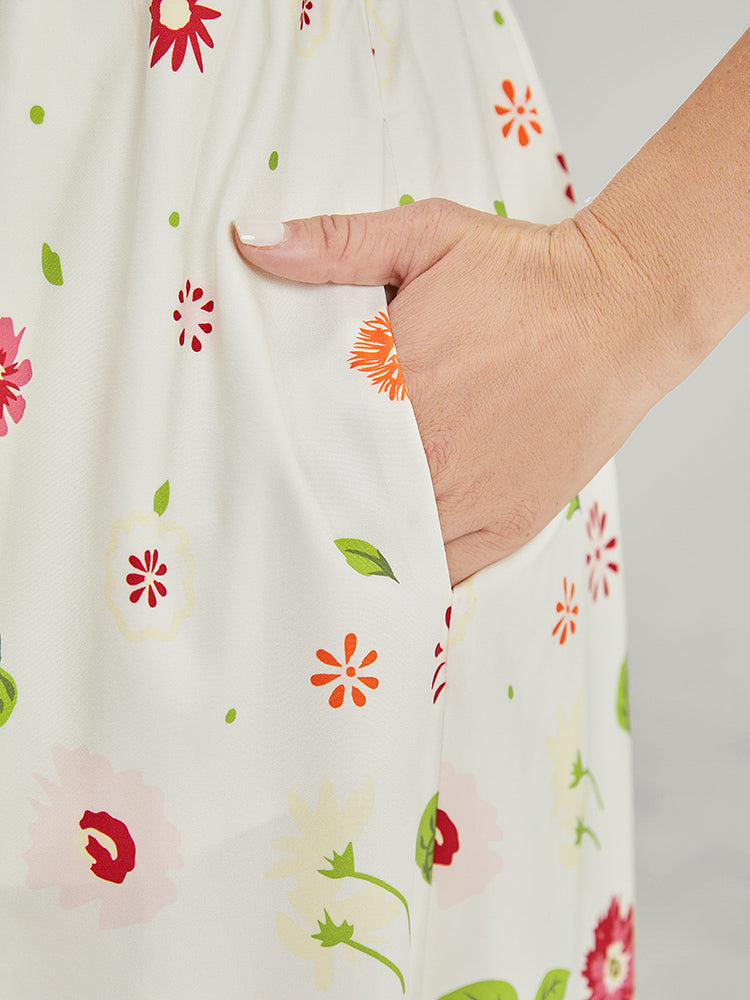 Floral Shirred Pocket Cap Sleeve Ruffles Midi Dress