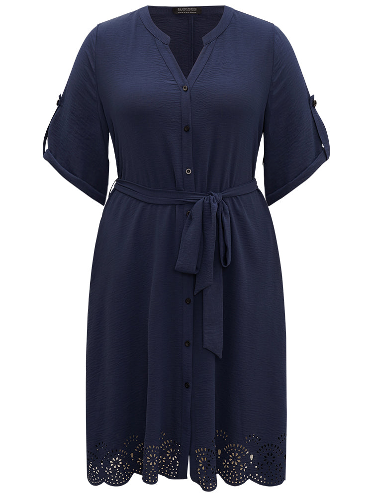 Plain Notched Belted Laser Cut Tab Sleeve Dress