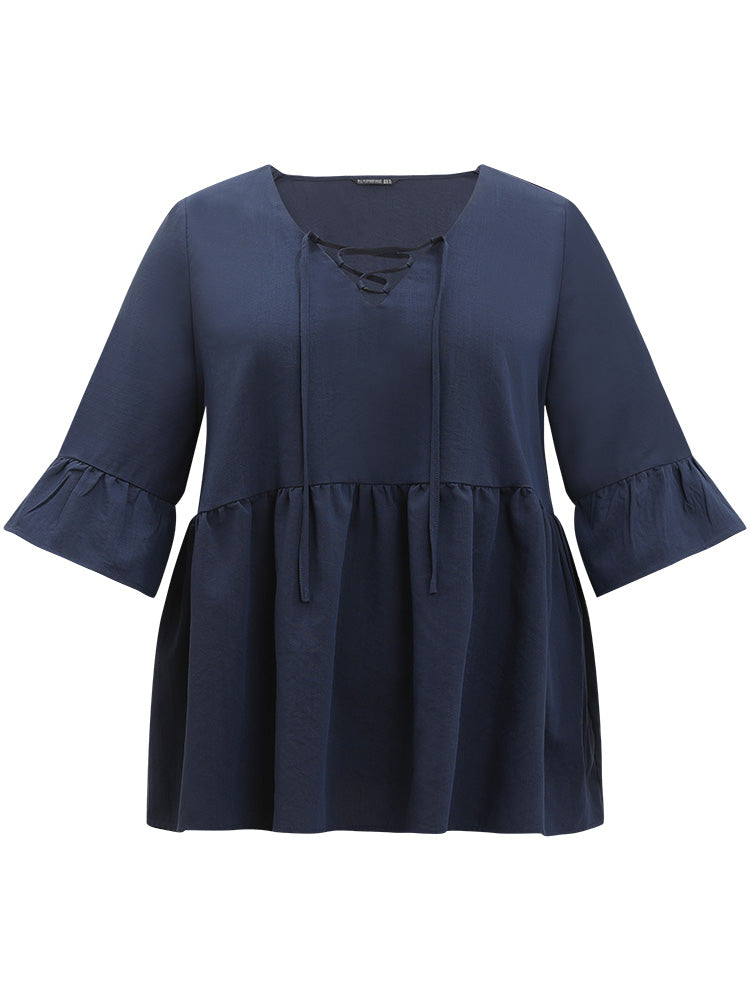 Plain Lace Up Flutter Gathered Bell Sleeve Blouse