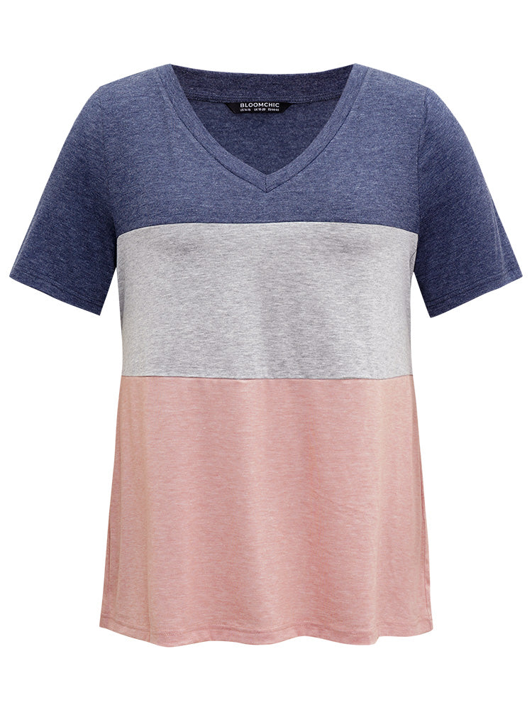 Colorblock Contrast V Neck T-shirt